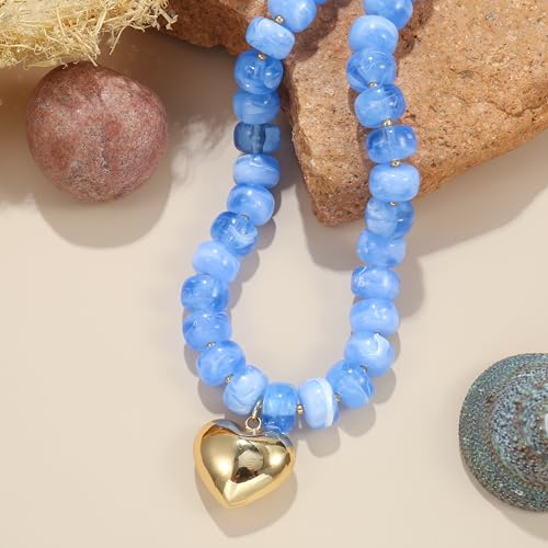 Chunky Heart Necklace for Women, Colorful Acrylic Beaded Statement Puff Heart Necklace, Cute Boho Y2K Choker Necklace for Gift Jewelry - color: Blue