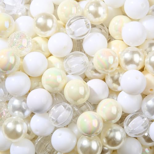 20mm Acrylic Beads 120pcs White Chunk Bubblegum Bead 20mm Multicolor Beadable Pen Ball Beads for Pen Bag Jewelry Making Necklace Bracelets (White) - color: white