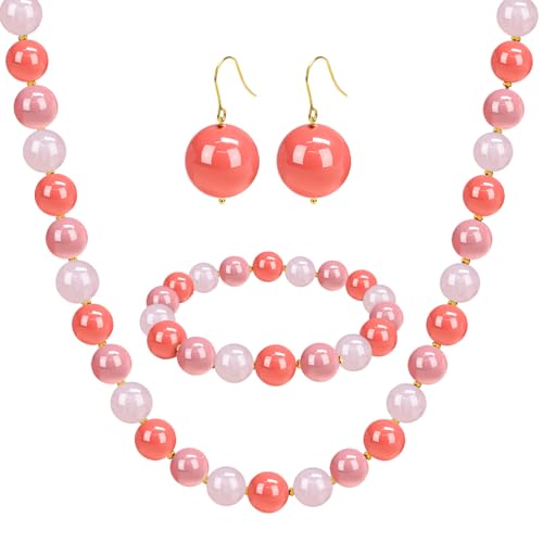 Gemstone Beaded Necklace for Women, Trendy 18K Gold Plated Hematite Natural Stone Bead Choker, Boho Handmade Summer Beach Necklaces for Women Everyday Western Jewelry Gifts - color: Rose Quartz
