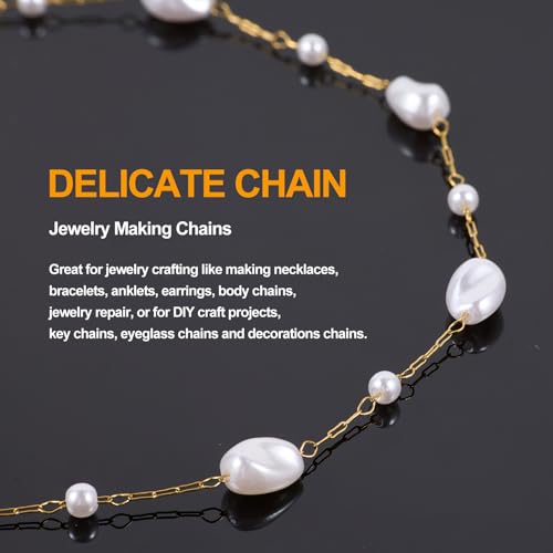 KYUNHOO Gold Plated Chain Roll on Spool 16.4 Feet Irregular Pearl Chains for Jewelry Making Stainless Steel Jewelry Supplies with Lobster Clasps Jump Rings for DIY Crafting - color: Irregular Bead Gold