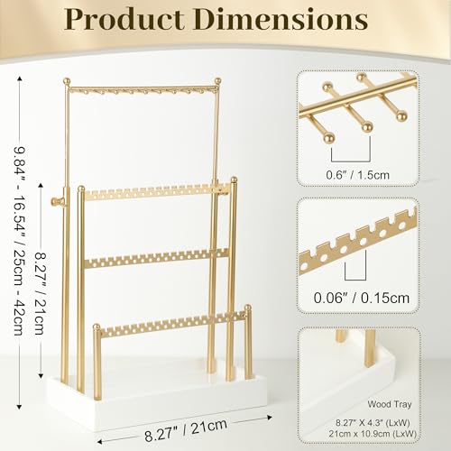 Tirzah 3-Tier Adjustable Earring Necklace Holder Organizer Stand, Gold Jewelry Display Tree with 105 Slots, 10 Double-Sided Hooks, White Tray for Women, Girls - color: Gold & White, for Necklace Earring