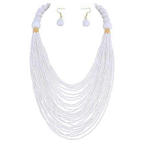 Bocar Necklace for Women, Multi Layer Statement Necklace, Long Chain Chunky Bib Seed Beads Necklace, Necklace Earring Set for Women Gift (NK-10693) - color: White