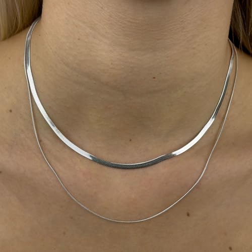 Tewiky Layered Necklaces for Women Non Tarnish- Chunky 14k Gold Plated Herringbone/Snake/Rope/Box/Cuban Link Chain for Women Waterproof Layering Stack Choker Necklace Trendy Dainty Tarnish Free Jewelry Set - color: Layered Herringbone Silver