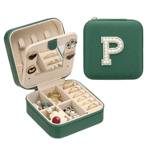 PATIKIL Travel Jewelry Case, P Initial Small Travel Jewelry Box Organizer Rings Earrings Storage Case Personalized Gifts for Women Girls Birthday Christmas Bridesmaid Gifts, Dark Green - style: P