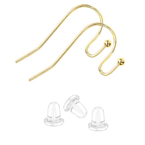 Earing Hooks 14K Gold Plated Hypoallergenic Ear Wires for Jewelry Making （200 PCS Earrings Hooks+200 PCS Earring Backs） - color: A-14K Gold