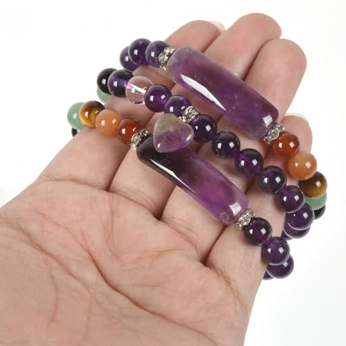 Justinstones Gem Semi Precious Gemstone Love Heart Charm Stretch Beaded Bracelet Unisex - color: Amethyst(7 Chakra)