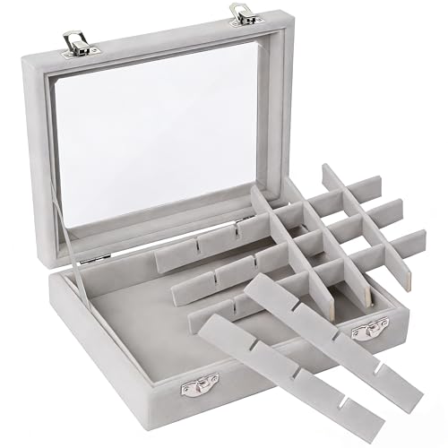 Velvet Jewelry Box 24 Grid Jewelry Earrings Display Organiser Box Ring Tray Holder Earrings Storage Case for Girls Women Wife Mom (Gray) - color: Gray