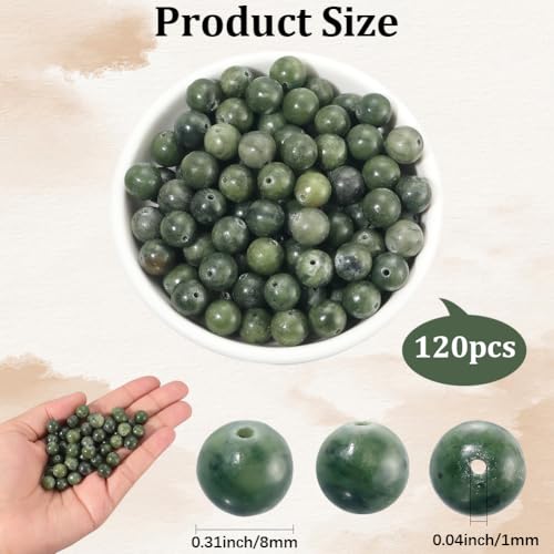 1 Box 8MM 120PCS Natural Taiwan Green Jade Round Beads with Holes Crystal Gemstone Stone Energy Power Loose Spacer Bead for Jewelry Making Earrings Bracelets Necklaces DIY Craft Supplies