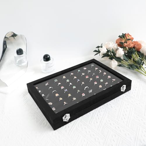 Wudygirl 7 Slot Ring Holder Organizer Display Tray for Rings And Jewelry Storage Velvet Ring Box with Multiple Slots Rings Organizer and Jewelry Showcase (Black Velvet) - style: Ring Tray