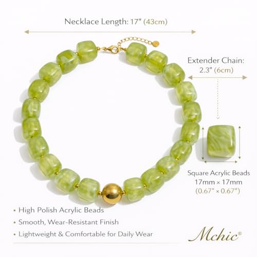 Mchic Colorful Beaded Choker Necklace for Women: Boho Large Square Acrylic Beaded Necklace Stainless Steel Adjustable Surfer Beach Strand Necklaces Summer Handmade Jewelry Gift for Women - color: Green