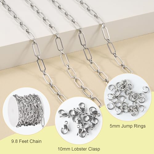 SMYHTGLIF 9.8 Feet Stainless Steel Paperclip Chain Bulk Silver Chain for Jewelry Making DIY Jewelry Roll with Lobster Clasps and Jump Rings - color: Paperclip Silver