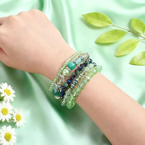 5Pcs Beaded Bracelets for Women, Bohemian Glass Faceted Crystal Beads Bracelet, Stackable Boho Disco Ball Stretch Bracelets, Multilayered Purple Jewelry Gift for Women, Mother's Day - color: Green