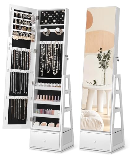 Nicetree 360°Swivel Jewelry Cabinet, Rotatable Full Length Mirror with Jewelry Storage, Standing Jewelry Armoire Organizer, Lockable Jewelry Organizer with 3 Rear Shelves, Bottom Drawer, Pure White - color: Pure White