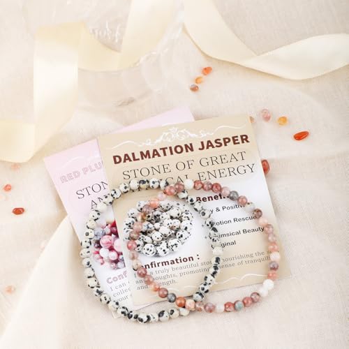NCB 2.3-Piece 4mm Natural Crystal Gemstone Stretch Bracelets – Handmade Reiki Energy Healing Jewelry for Meditation,Yoga, Unisex - color: 2PCS ( Dalmation Jasper+Red Plum Blossom Stone ), size: 4mm