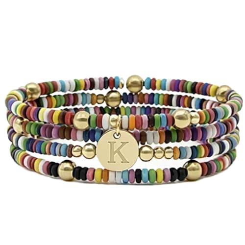 Set of 4 Colorful Bead Initial Bracelets, Personalized Stackable Jewelry, Adjustable Stretchy Charm Bracelets for Women, Beaded Bracelet Set, Trendy Custom Jewelry Gift - style: Colorful Bead - K