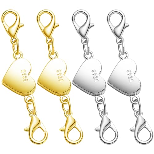 925 Silver Magnetic Necklace Clasps and Closures, Double Lobster Magnetic Necklace Clasps for Bracelet and Necklace Extender (2golden+2silvery) - color: 2golden+2silvery