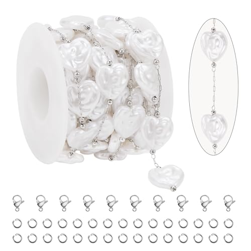 KYUNHOO 9.8 Feet Thin Paperclip Links Silver Stainless Steel Jewelry Chain on Spool Heart Necklace Imitation Pearl Chains for Making Crafts Finding Jewelry Supplies - color: Heart Silver