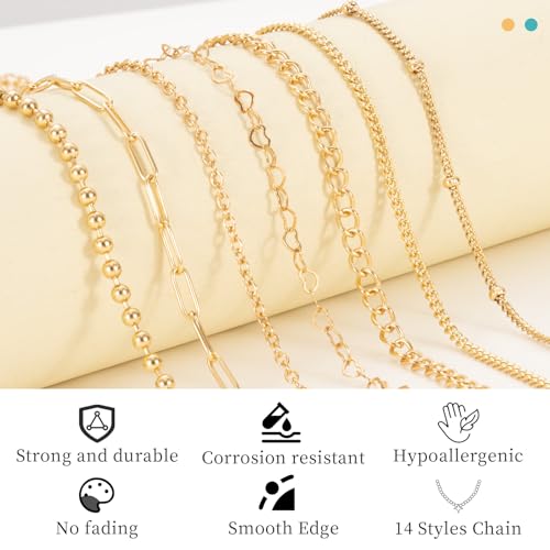 HUISUYTON Necklace Chain for Jewelry Making,45.93 FT 14 Rolls Stainless Steel Jewelry Chains Bulk with Jump Rings, Lobster Clasps, Connectors for DIY Necklace Earring Bracelet(Gold & Silver) - color: Gold and Silver-45.93Ft