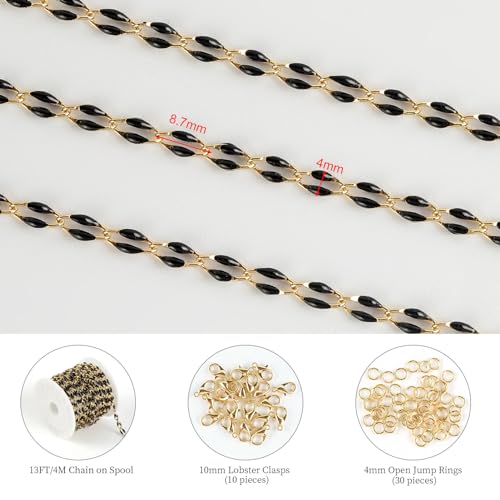 13 Feet/4M Gold Plated Brass Jewelry Making Chain Spool Black Oil Drip Enamel Chain Necklace Large Lip Chain with Lobster Clasps Jump Rings for DIY Craft Supply Jewelry Findings - color: Black Lip