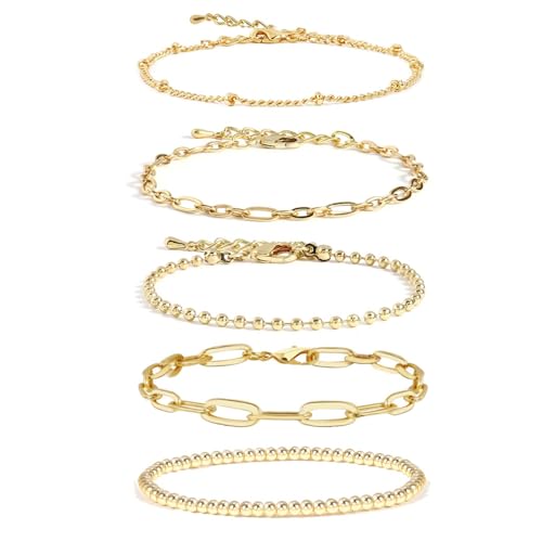 Waterproof Gold Chain Bracelet For Women Non Tarnish,14K Gold Plated Link Dainty Bracelets Stake Layered Bracelet Set Hypoallergen Gold Jewelry - color: Style-4
