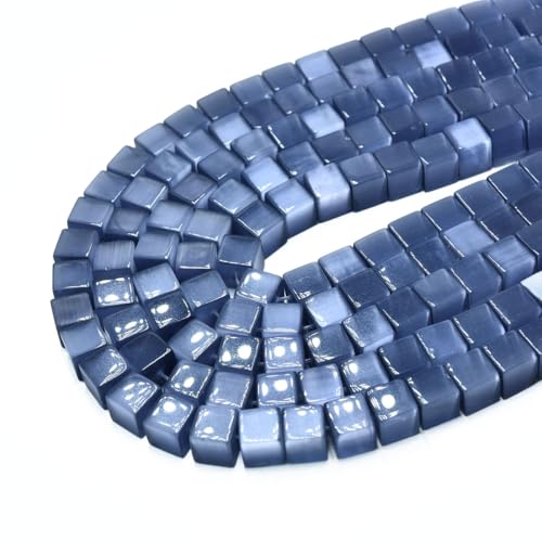 48pcs 8mm Blue Gray Cat's Eye Cube Stone Square Gemstone Beads Semi-Precious Craft Supplies for DIY Jewelry Making - color: Cube8mm Blue Gray