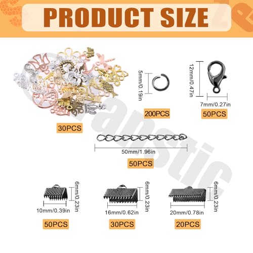 Tanstic 430Pcs Black Ribbon Ends Fastener Clasps Kit, Bookmark Pinch Crimp Ends with Open Jump Rings, Lobster Claw Clasps, Chain Extenders and Pendant Charms for DIY Crafts - color: Black Ribbon Ends