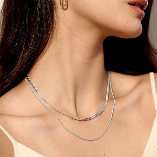 Tewiky Layered Necklaces for Women Non Tarnish- Chunky 14k Gold Plated Herringbone/Snake/Rope/Box/Cuban Link Chain for Women Waterproof Layering Stack Choker Necklace Trendy Dainty Tarnish Free Jewelry Set - color: Layered Herringbone Silver