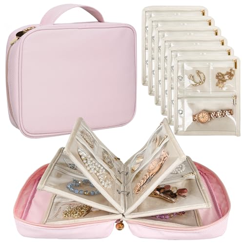 Travel Jewelry Organizer Case,Small Jewelry Bags Jewelry Storage Book Binder with Clear Zipper Velvet Pouch for Traveling,Earrings, Rings, Necklace, Bracelet (Pink) - color: Pink