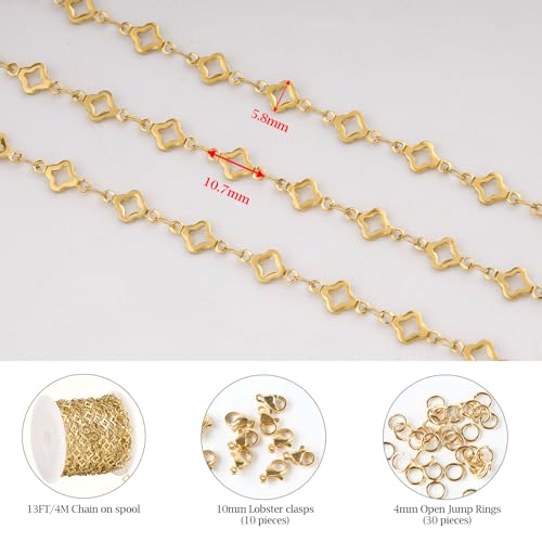 KYUNHOO 4 Meters Hollow Clover Leaf Jewelry Chain Roll Gold Plated Stainless Steel Chains for Jewelry Making with Lobster Clasps and Jump Rings for Necklace DIY - color: Leaf Clover Gold