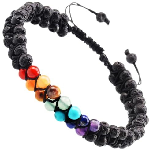 MASSIVE BEADS Double Layer Natural Chakra Healing Power Crystals Macrame Bracelet Yoga Stone Beads Gemstone Meditation Relax Anxiety Bangle for Unisex Women Men - color: 7-Chakras&Lava, size: 4mm