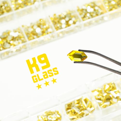 qiipii 2630Pcs Golden Yellow Nail Rhinestones 120 Multi Shapes Crystal Flatback Gems +2510 Round Beads Glass Stones Diamonds Jewels w Tweezer & Wax Pen for DIY Face Eye Mackup Clothes Shoes - color: Golden Yellow, size: A Set