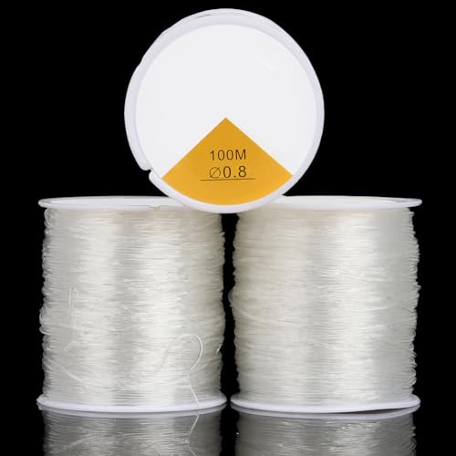 328.08 Yards 0.8mm Clear Elastic Thread 3 Rolls Crystal Stretch Beads Round Cords Transparent Threads Stretchy Beading TPU String for Jewelry Making Bracelet Necklaces DIY Craft Supply