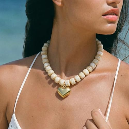 Chunky Heart Necklace for Women, Colorful Acrylic Beaded Statement Puff Heart Necklace, Cute Boho Y2K Choker Necklace for Gift Jewelry - color: Beige