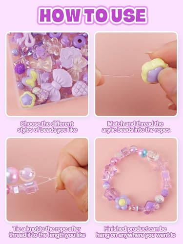 150PCS Acrylic Pastel Beads for Jewelry Making, Kalolary Colorful Bow Butterfly Flower Kawaii Plastic Candy Heart Cute Macaroon Aesthetic Beads for Bracelet Necklace DIY Supplies (Purple) - color: Purple