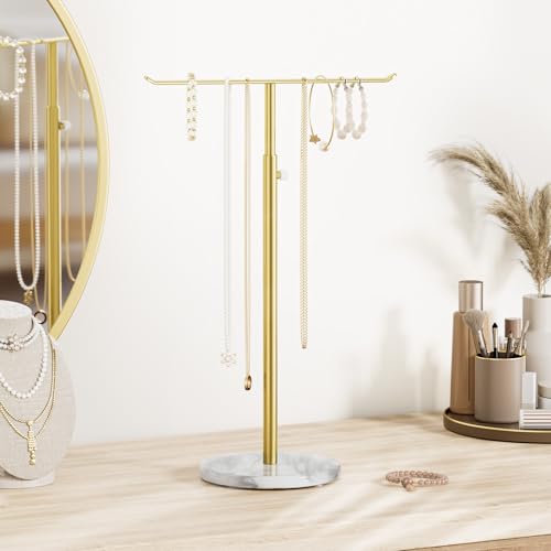 Gold Necklace Holder Jewelry Organizer Stand – Adjustable Height T‑Bar Jewelry Display with White Marble Base, Necklace & Bracelet Holder, Countertop Jewelry Stand - color: Gold & White