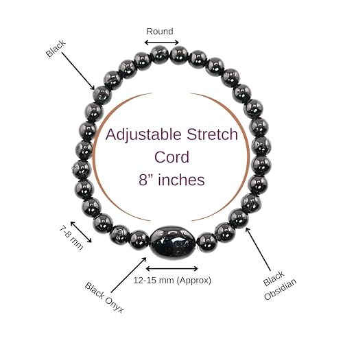 Black Obisidian Bracelets for Men 8" Inch Full Stretch Healing Crystal Bracelet, Beaded Charm Bracelet for Men Gifts Fathers Day Anniversary Birthday Gifts for Him - color: Black Obsidian & Black Onyx Charm Bracelets