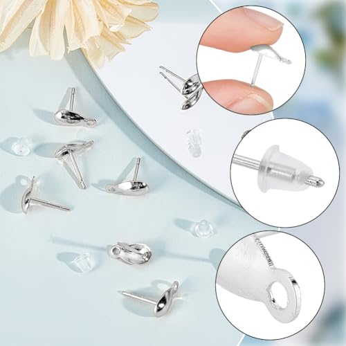 Beebeecraft 100Pcs Stud Earring with Loop 304 Stainless Steel Teardrop Post Earring Findings with Ear Nuts for Dangle Jewelry Making DIY Crafts Supplies Accessories - color: Stainless Steel Color