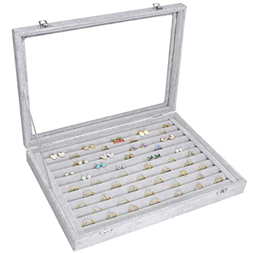 Siveit Rings Organizer Tray 10 Slots Velvet Ring Display Tray Insert Jewelry Earring Storage Box with Transparent Glass lid Can Hold 100 Rings Earrings Suitable for Girls and Women (Grey) - color: Grey