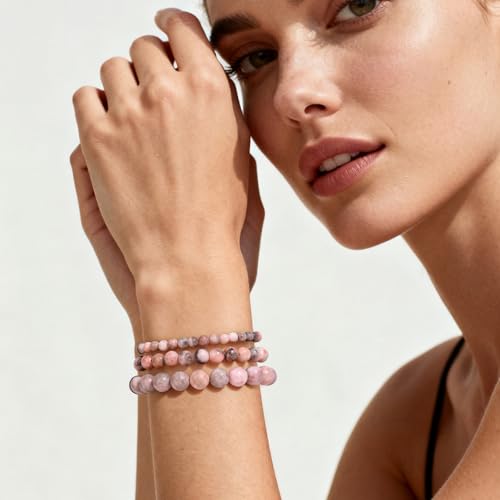 3Pcs Natural Healing Crystal Bracelets for Women Men, 4mm 6mm 8mm Beaded Stretch Bracelet Set, Black Tourmaline Natural Stone Gemstone Jewelry Gifts for Meditation, Reiki & Yoga - color: Pink Zebra Jasper