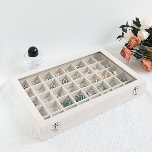 Wudygirl Large Jewelry Organizer Box with 40 Compartments Earring Holder Organizer Velvet Ring Display and Necklace Storage Tray Jewelry Box for Women (Beige Velvet) - style: Beige 40 Grid Tray