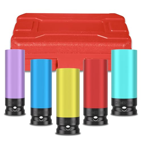 5PCS 1/2" Drive Wheel Protector Impact Socket, Non-Marring Lug Nut Deep Socket Set, CR-MO, 6 Point, Color-Coded Protective Socket | Metric 15 17 19 21 22 mm - size: 1/2" Protective Cover Sockets 5pcs