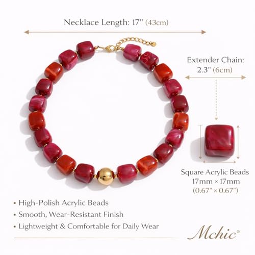 Mchic Colorful Beaded Choker Necklace for Women: Boho Large Square Acrylic Beaded Necklace Stainless Steel Adjustable Surfer Beach Strand Necklaces Summer Handmade Jewelry Gift for Women - color: Red