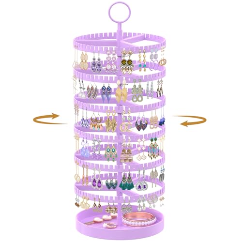 MODOWEY 6 Tier Rotating Earring Holder Organizer Display Tree with Metal Tray, Adjustable Plastic Stand with 342 Slots for Stud Hoop Hanger, Large Capacity Storage Rack for Women, Purple - color: Purple