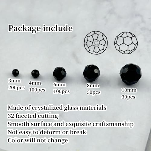 480pcs Crystal Glass Beads 3mm 4mm 6mm 8mm 10mm Round Faceted Glass Spacer Beads for Bracelets Necklace Earring DIY Jewelry Making Craft(Black) - color: Black
