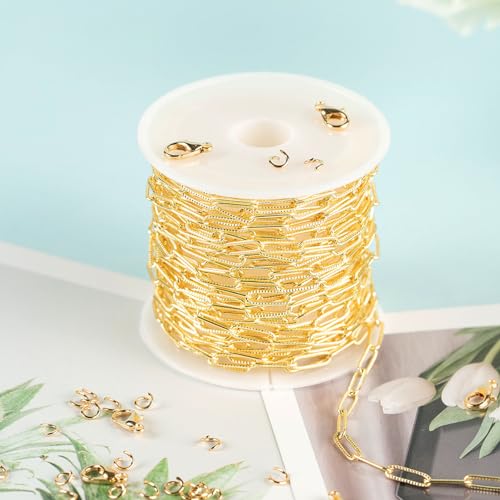YOUBEIYEE 16.4 Feet Light Gold Embossed Paperclip Chain for Jewelry Making 18K Gold Plated Brass Chain Roll Women Necklace Bracelet DIY Jewelry Supplies - color: Embossed Paperclip