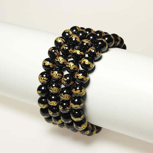 MJDCB Natural Stone Beads 10mm 35pcs Round Black Onyx Carved Dragon Loose Gemstone Bead Charms for Jewelry Making Bracelet Necklace Earring Pendant - color: Black Onyx Carved Dragon, size: 10mm