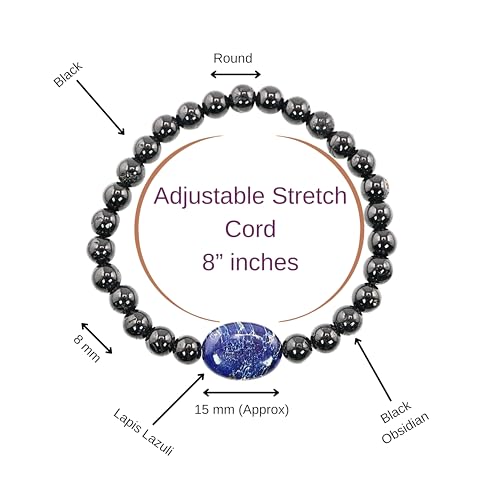 Black Obisidian Bracelets for Men 8" Inch Full Stretch Healing Crystal Bracelet, Beaded Charm Bracelet for Men Gifts Fathers Day Anniversary Birthday Gifts for Him - color: Black Obsidian & Lapis Lazuli Bracelets