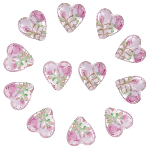 1 Box 20PCS Pink Heart Lampwork Beads Rose Flower Handmade Transparent Flat Glass Clear Floral Spring Garden Loose Spacer Bead Bulk for Jewelry Making Valentine's Day Bracelet Craft Supply