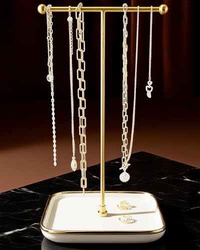 VROOMIUM Necklace Holder- Ceramic Base 1ft Height Jewelry Organizer Stand, Aesthetic Jewelry Hanger Display for Necklaces, Bracelets, Rings, Exhibidor de Collares-Classic White - color: Sq. Lux White