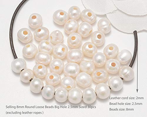 AD Beads Natural Gemstone 8mm Round Loose Beads Big Hole 2.5mm Sized 40pcs (White Pearl) - color: White Pearl